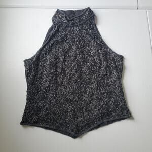 Papell Boutique Evening Tank Top Womens Medium Black Beaded Silk Floral Halter